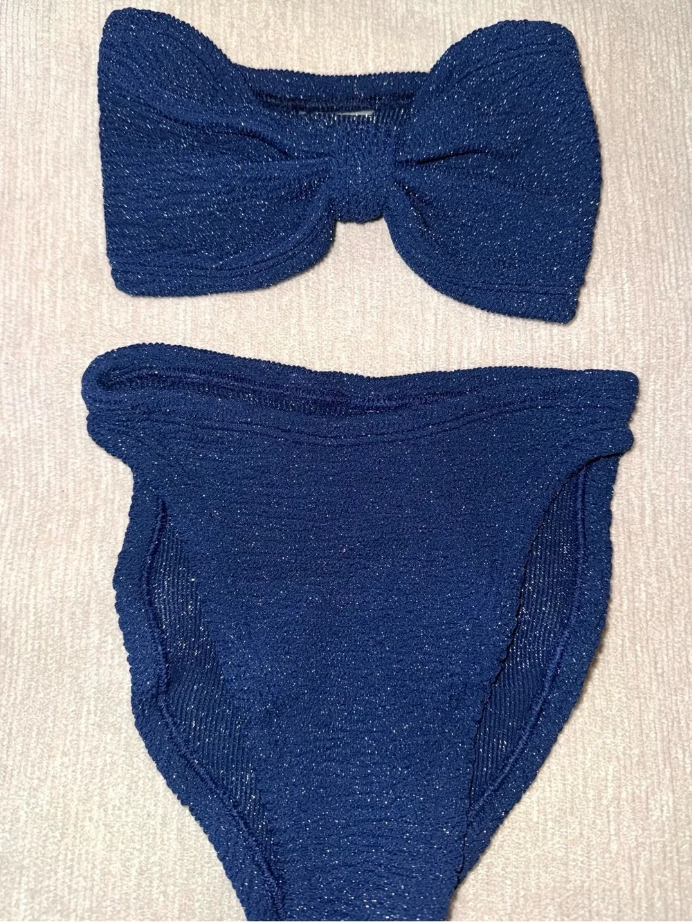 Hunza G Bikini Set Navy Blue Silver Lurex Jean Ruby Crinkle Strapless Bandeau